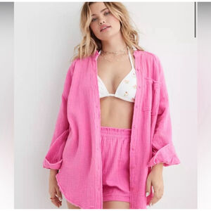 Aerie Pink Pool Tp Party Cotton Gauze Oversized Button Down Shirt L Pink Resort